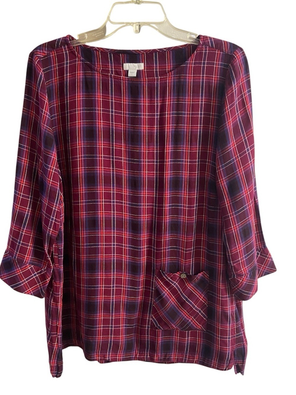 J. Jill Red Plaid Boatneck Tunic with Front Pocket Large